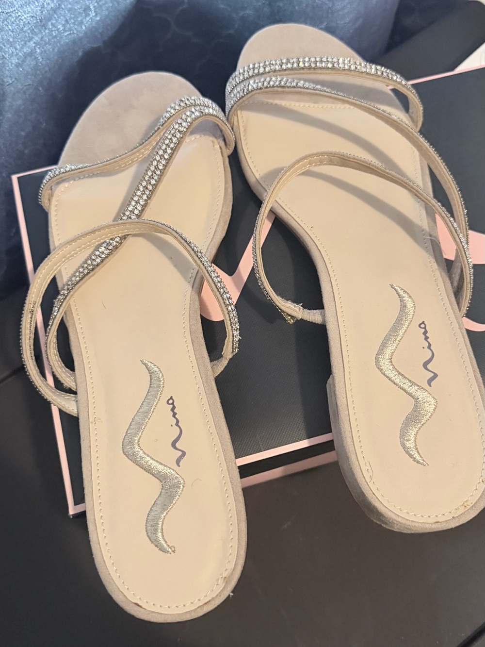 Nina Beige Rhinestone Strappy Flat Sandals